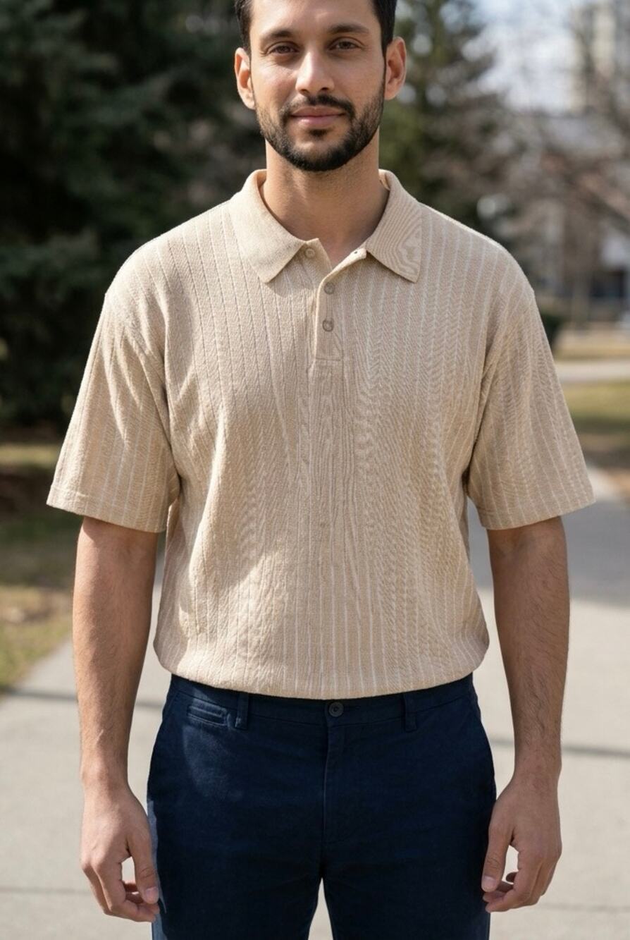 Claiborne Tan Striped Short Sleeve Knit Polo Mens Size Med Preppy Frat Made USA